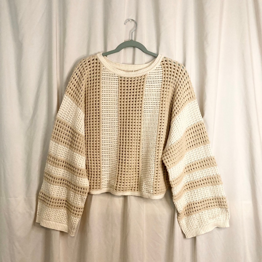 Cream Tan Striped Open Knit Crochet Sweater Medium Boho Coastal Beachy Cottage
